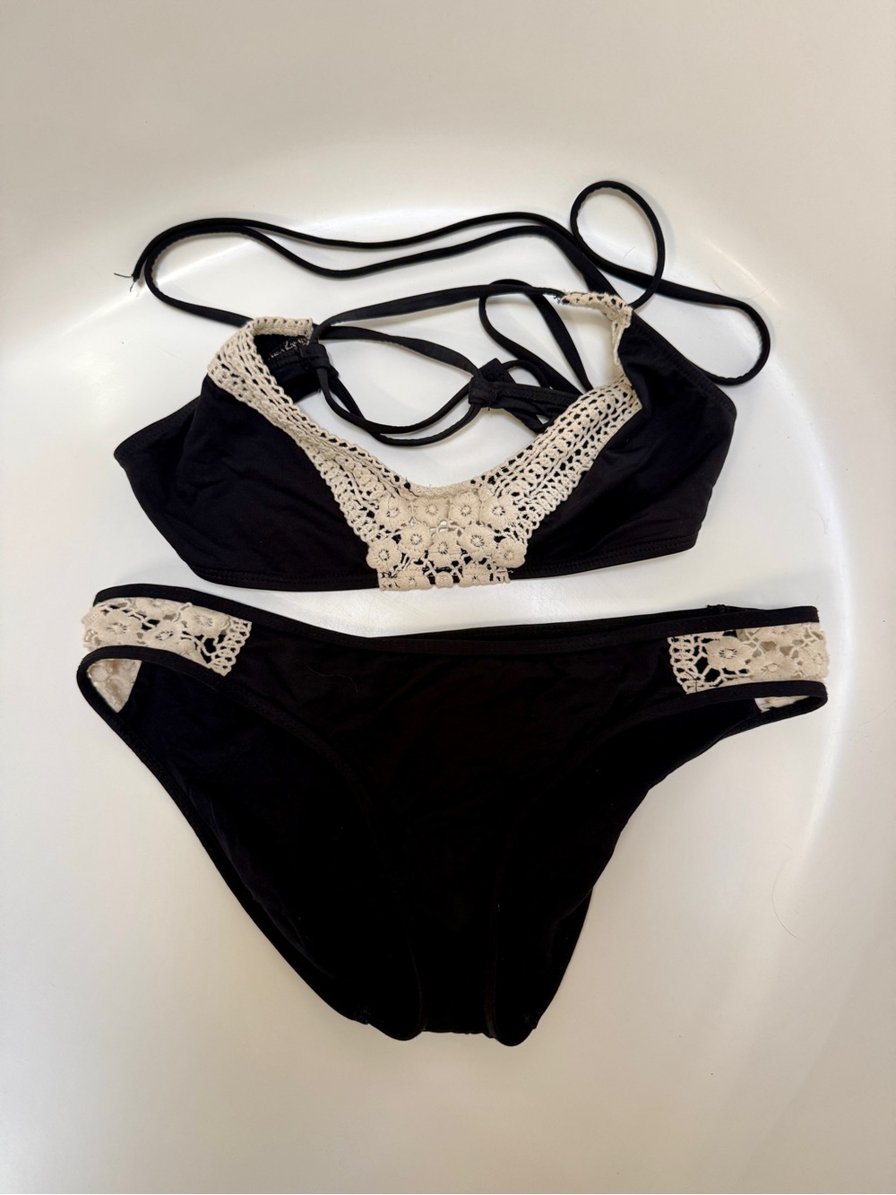 Lucky Black Crochet-Trim Bikini Set Women's Swim Size M